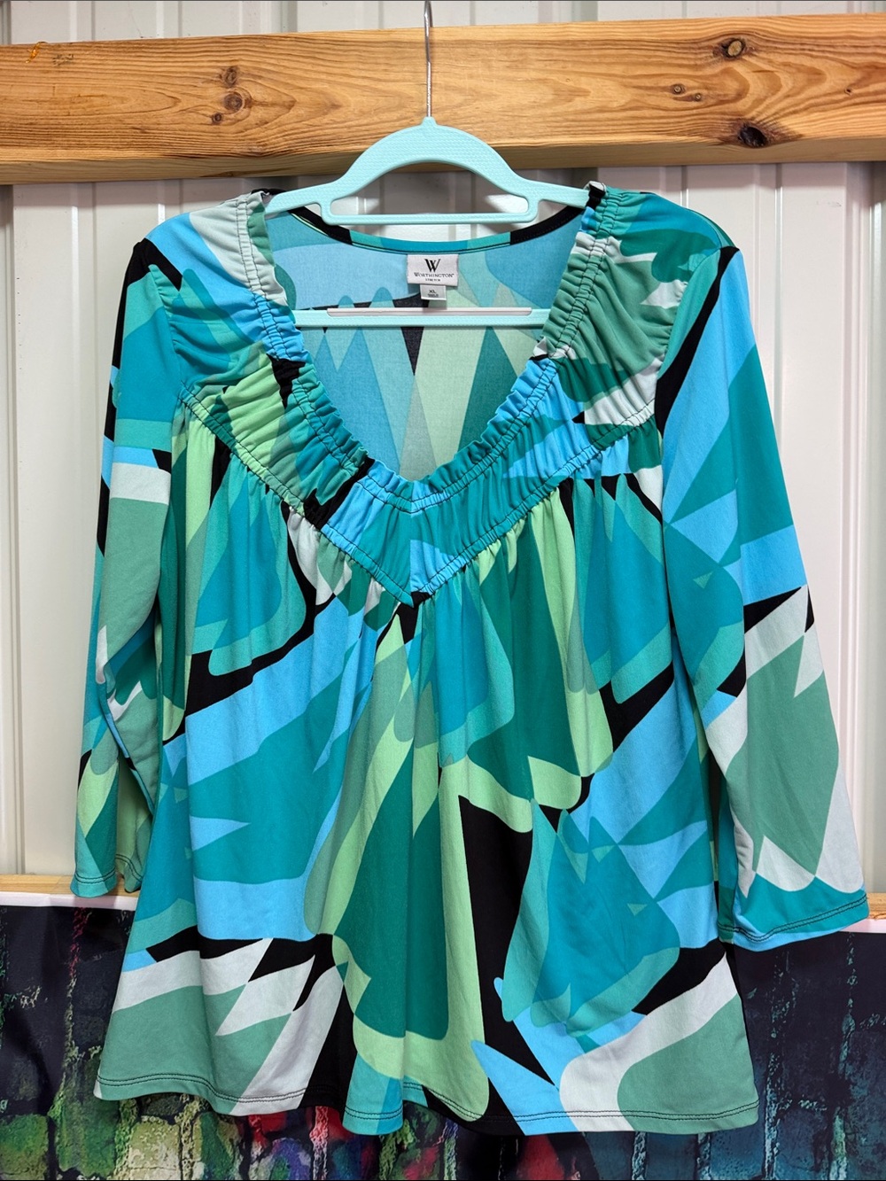 Worthington Teal & Aqua Abstract V-Neck Tunic